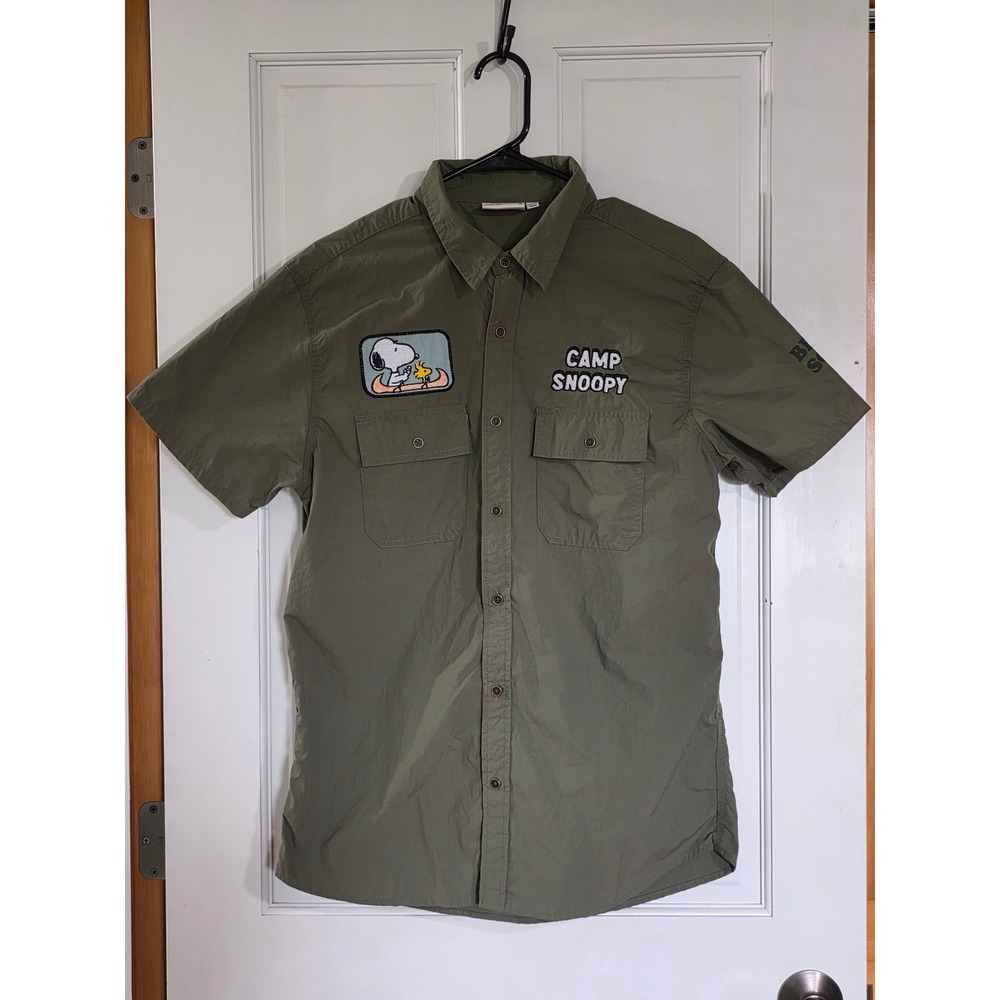 Peanuts Aeropostale Camp Snoopy Beagle Scouts Nylon Ripstop Shirt Olive Green M